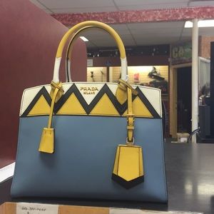 prada blue leather tote bag with shoulder strap